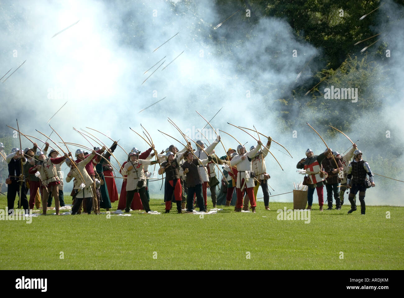 Rank of Archers Fire Longbows in Thick Smoke of Historic Tewkesbury