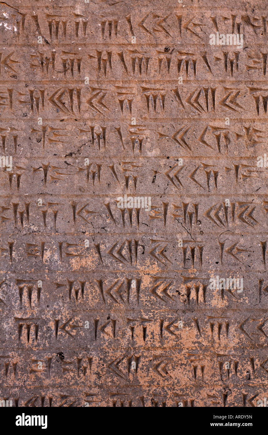 Carved cuneiform script at Persepolis Iran Stock Photo