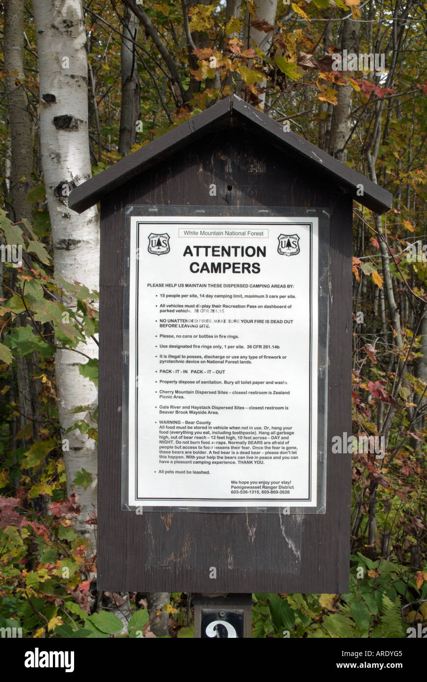 Camping Rules Sign located in the White Mountain National Forest of New