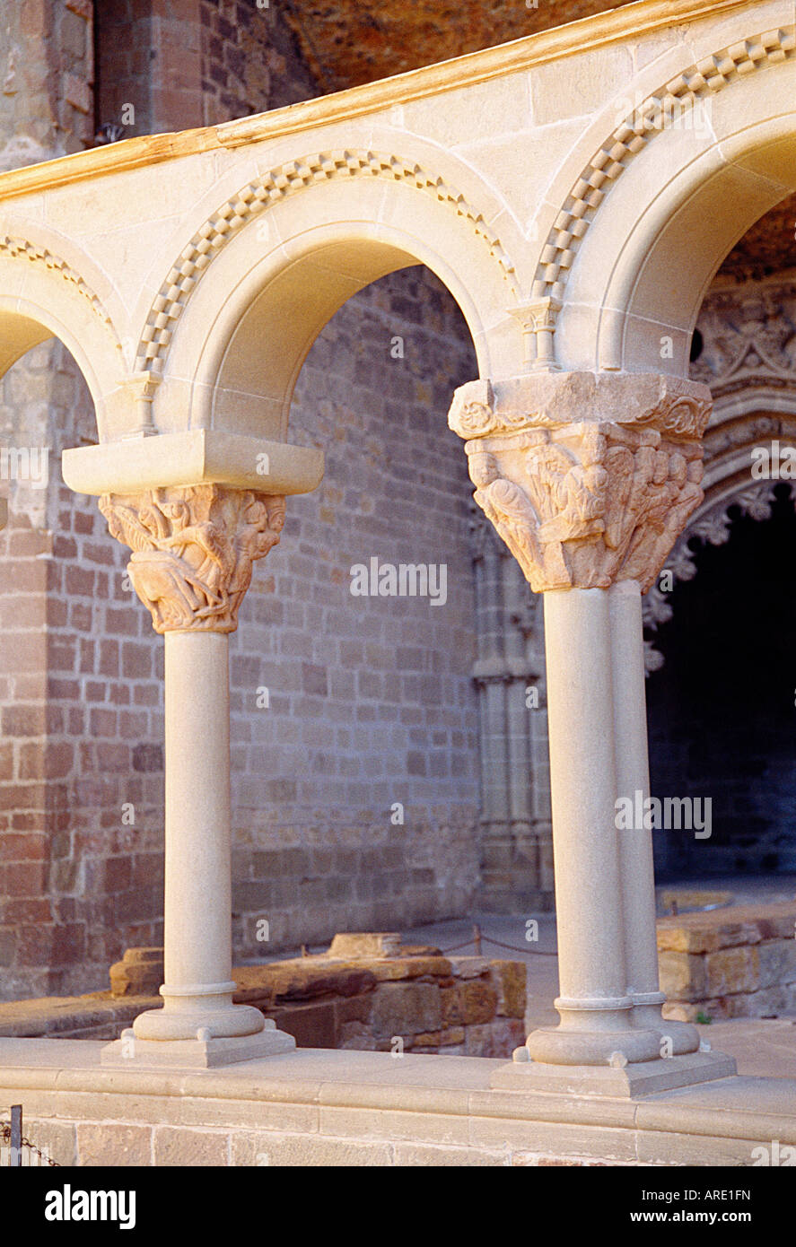 Arches in Romanesque cloister of the monastery of San Juan de la Peña. Santa Cruz de la Seros, Huesca province, Aragon, Spain. Stock Photo