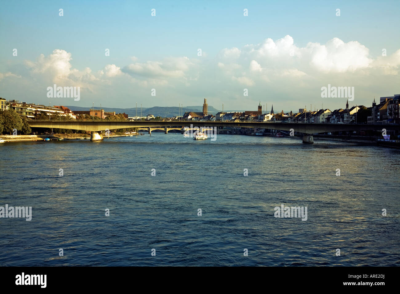 LOOKING UPSTREAM ON THE RIVER RHINE BASLE SWITZERLAND Stock Photo