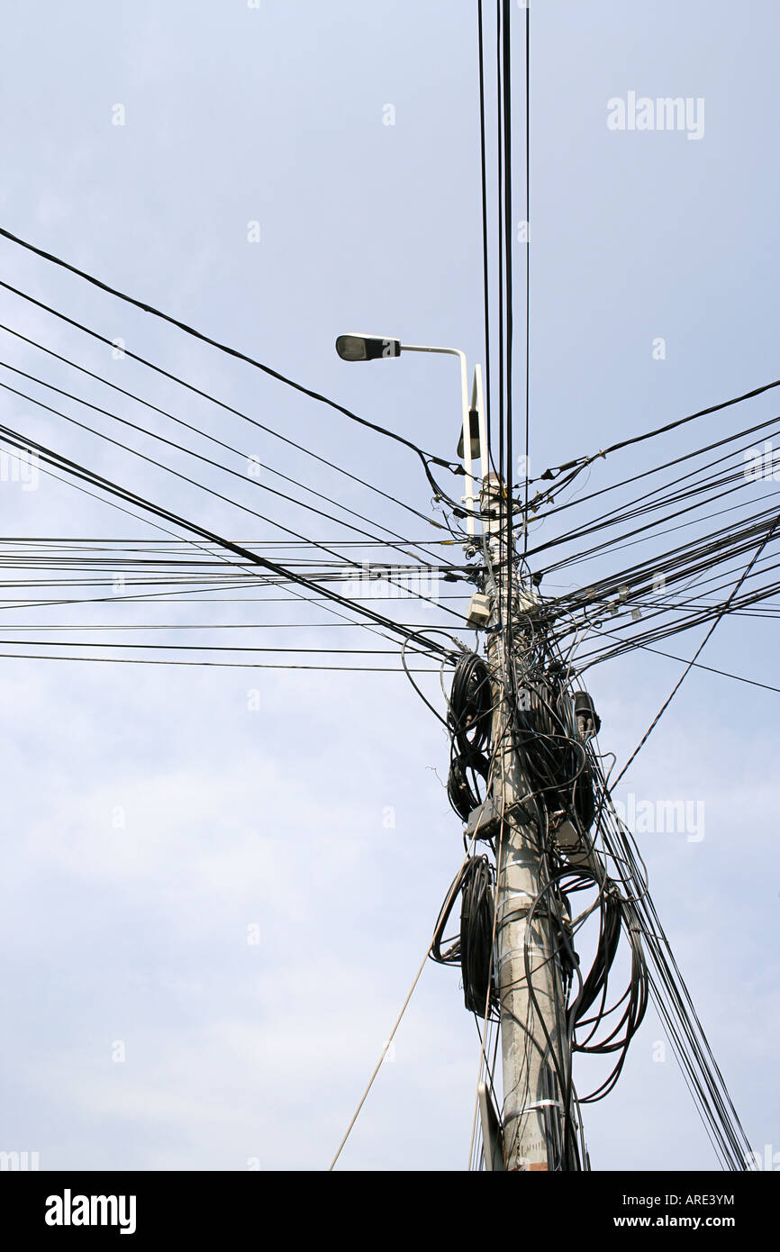 Power pylon; many cables Stock Photo Alamy