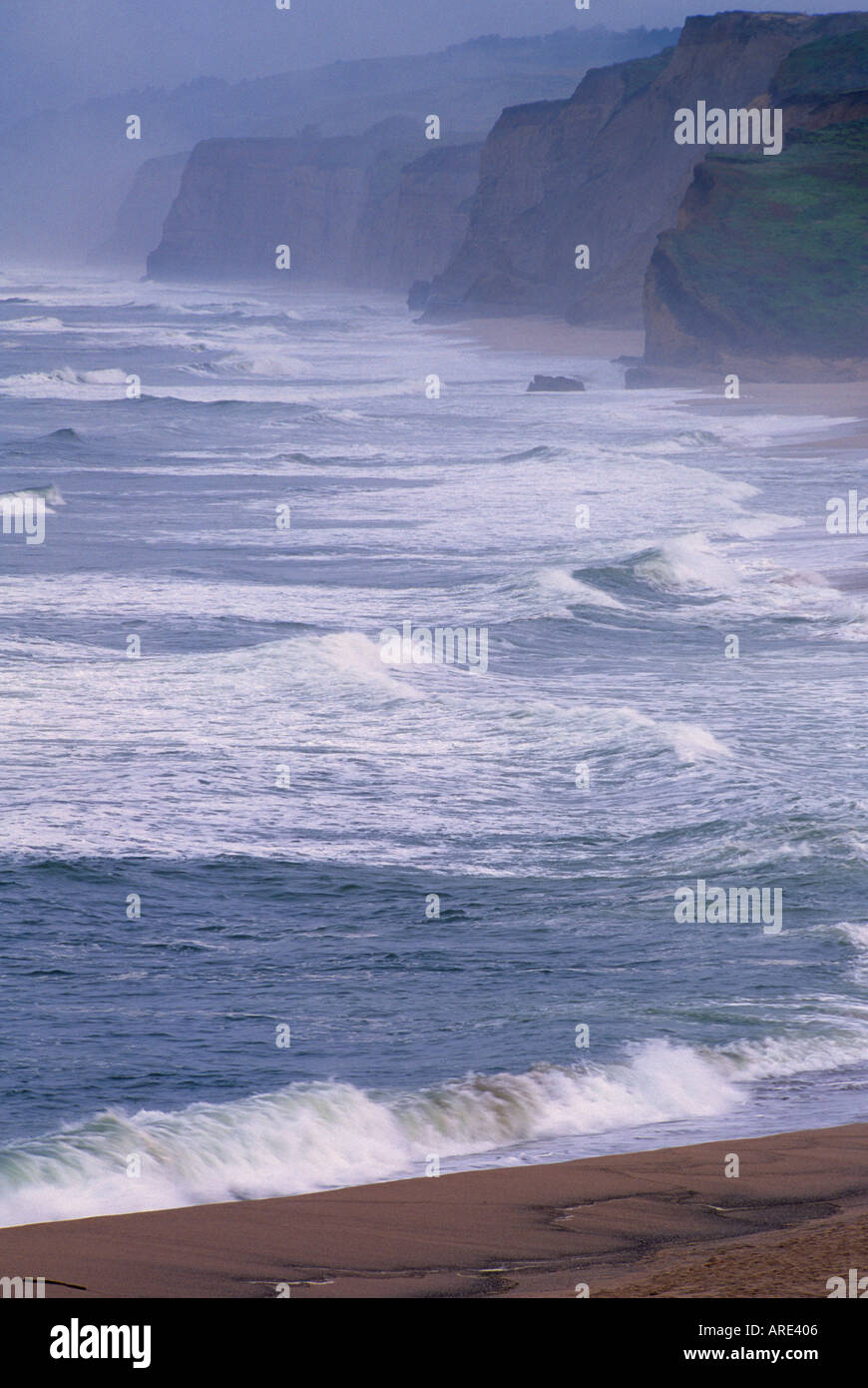 Rugged headlands of the California coast near Pescadero and Pacific ocean waves. Stock Photo