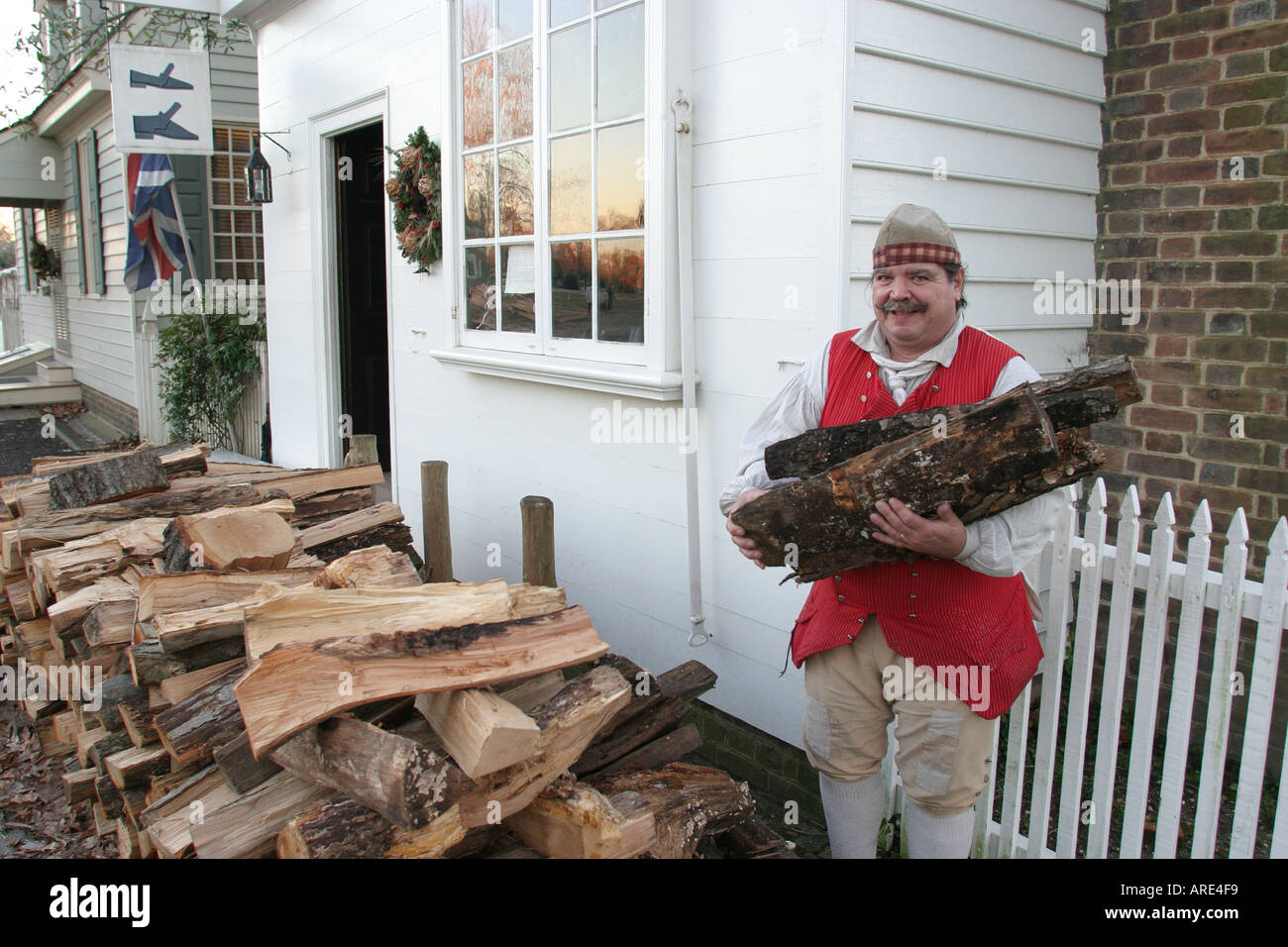 Colonial Williamsburg Virginia,Duke of Gloucester Street,shoemaker,firewood,VA 121103 0011 Stock Photo