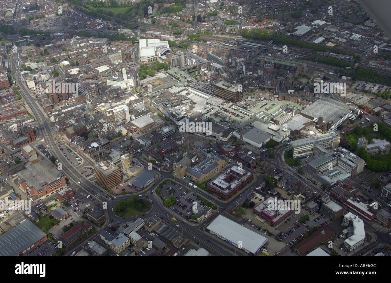 Aerial view of Luton Town Centre showing the white bell tower of the