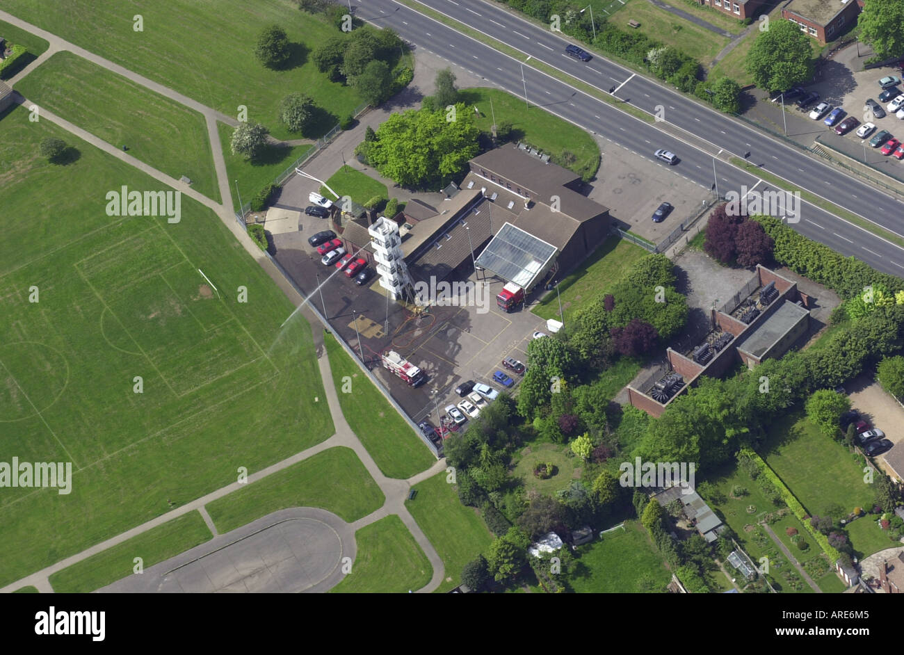 Aerial view of Stopsley fire station showing the practice tower with a