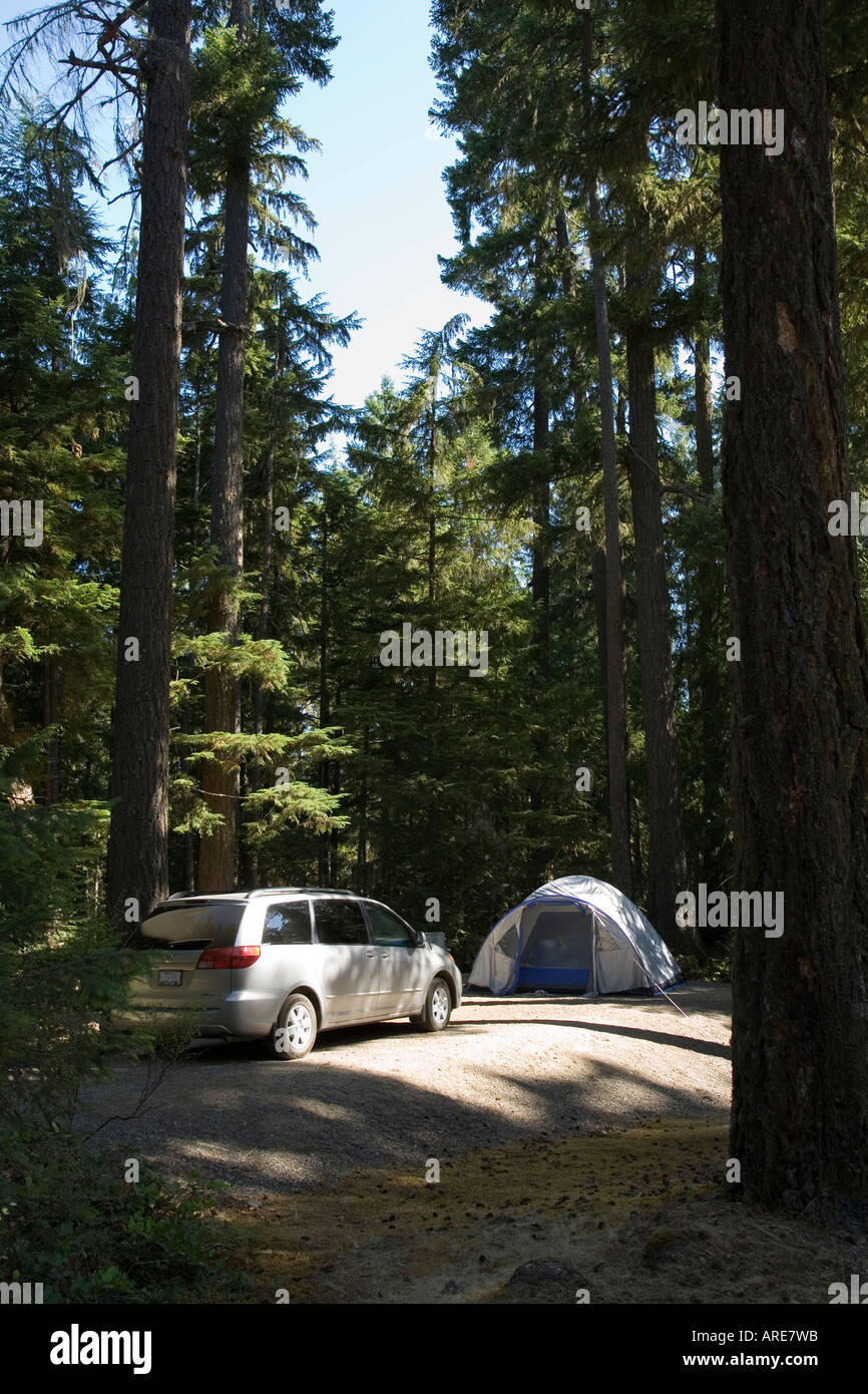 Campsite with car and tent in trees Qualicum Falls Vancouver island