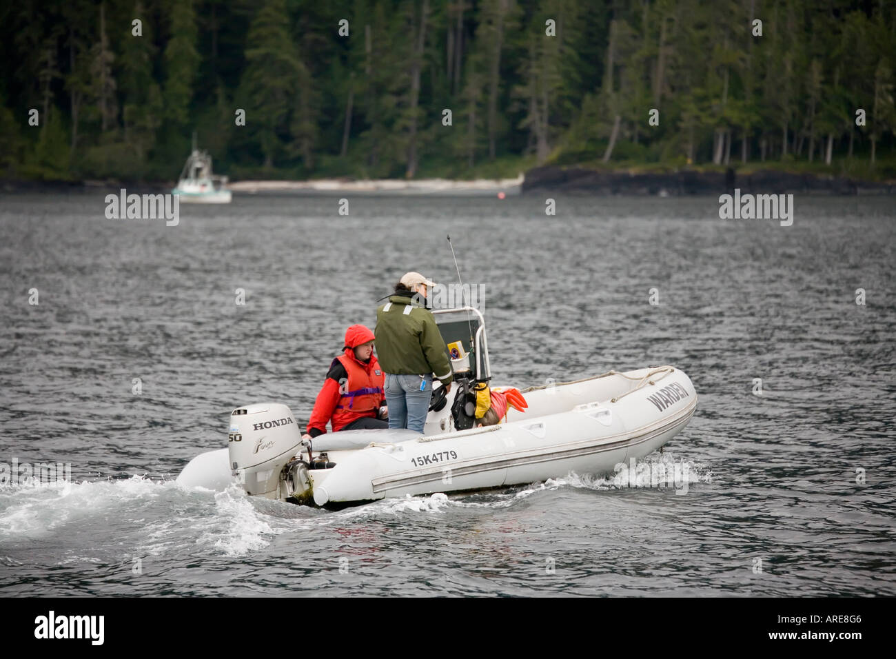 Game wardens in inflatable boat protecting orca whales Robson Bight Ecological Reserve Johnstone Strait Vancouver island Canada Stock Photo