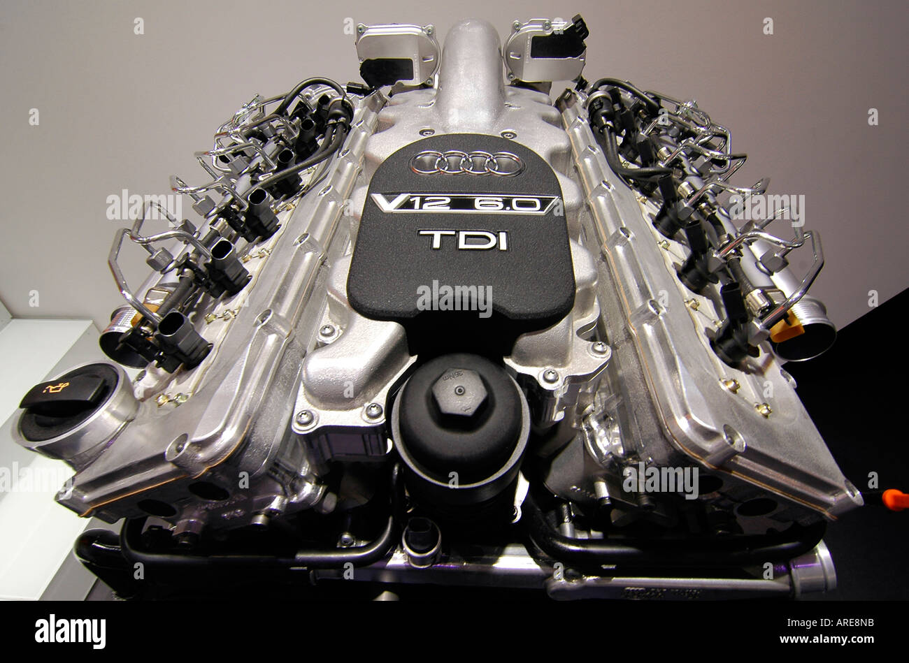 A state of the art V12 engine exhibited at the International Motor Show in Paris. Stock Photo