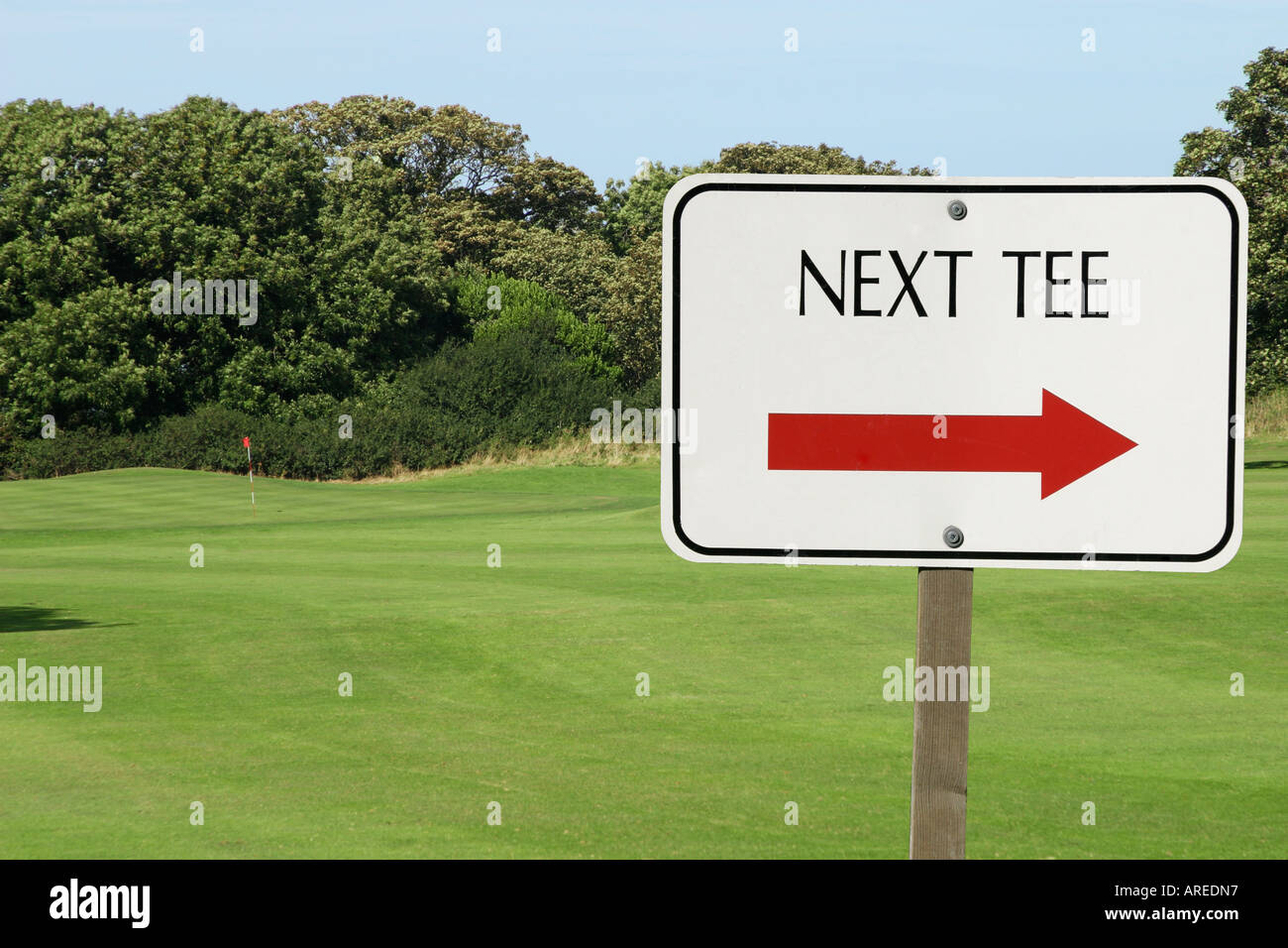 NEXT TEE sign with arrow at golf course Stock Photo