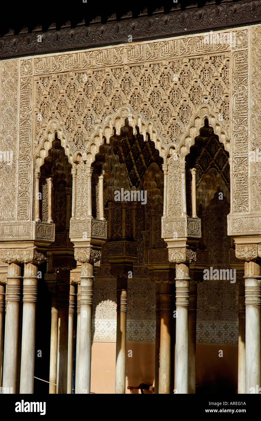 Ornate exterior of the Patio de los Leones area at Alhambra, a 14th-century palace in Granada, Andalusia, Spain. Stock Photo