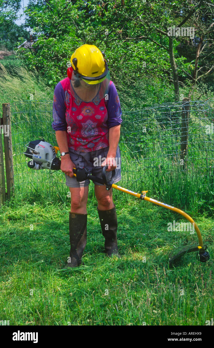 Woman using a strimmer to cut long grass lawn in her cottage garden during summer, Suffolk, England Stock Photo
