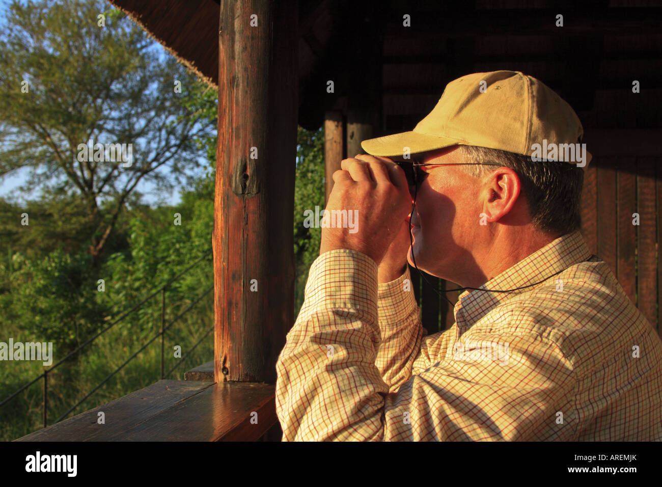 Tourist watching game using binoculars in Kruger National Park Stock