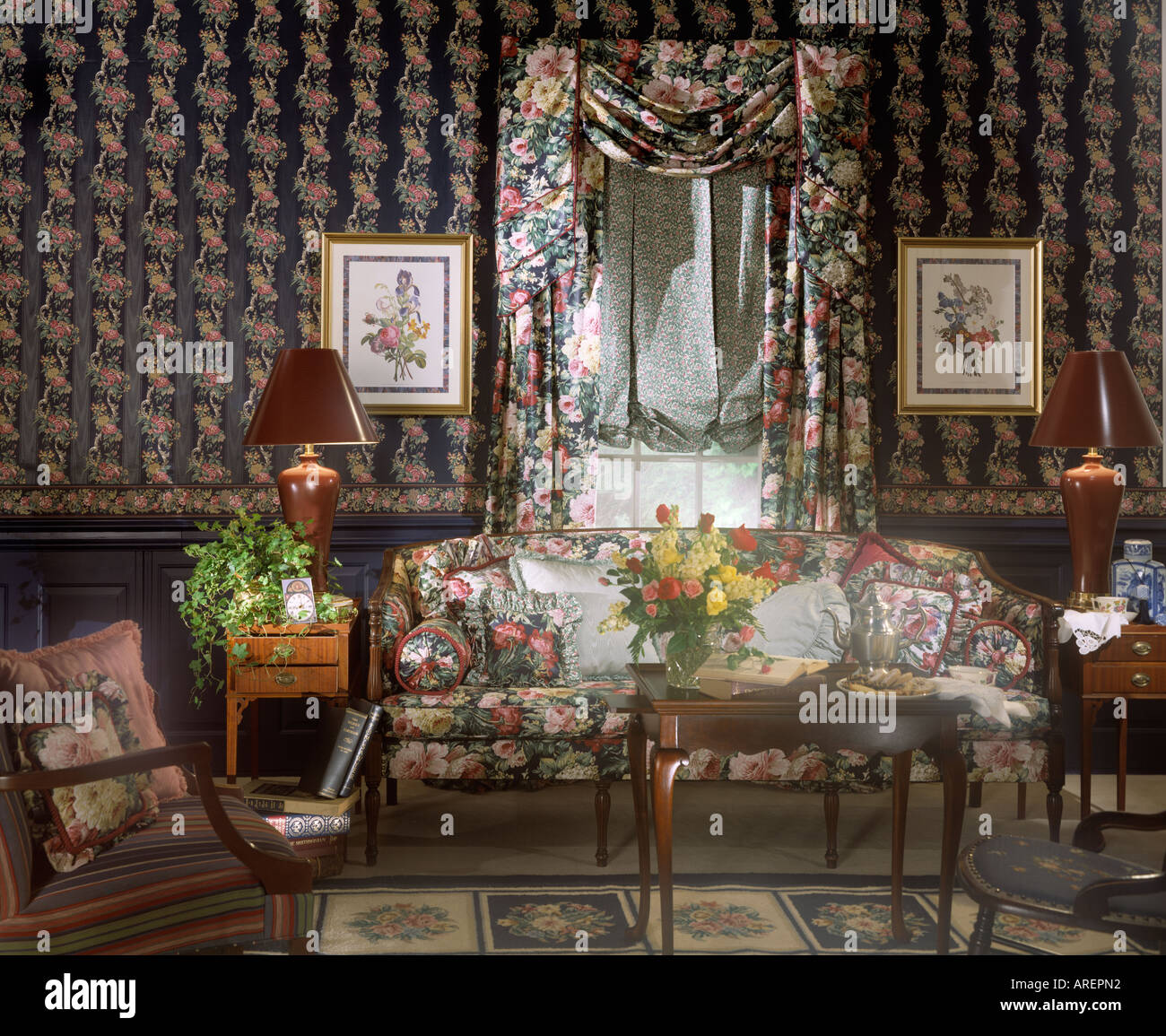 interior room living sitting area floral arrangement flowers Stock