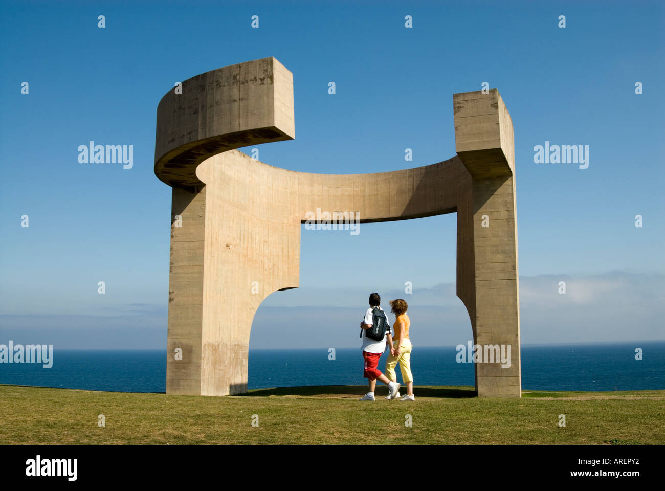 Modern sculpture Elogio del Horizonte by Eduardo Chillida on Cerro de Santa Catalina, Gijon, Asturias, Spain Stock Photo