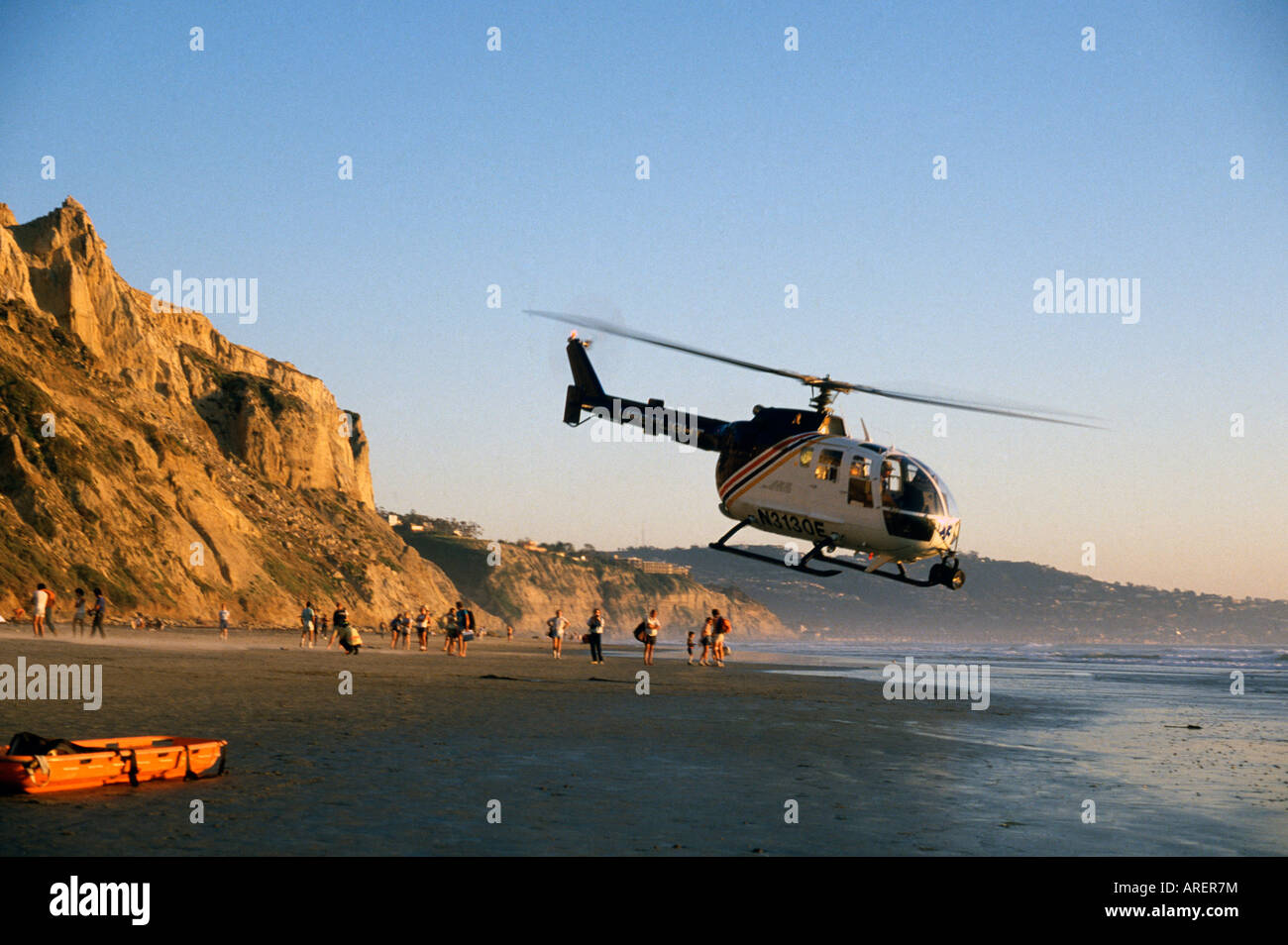 Rescue Helicopter taking off from Black s Beach San Diego California Stock Photo