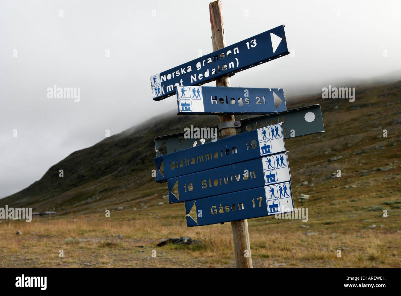 A sign to different mountain stations Storulvaan Jamtland August 2007 Stock Photo