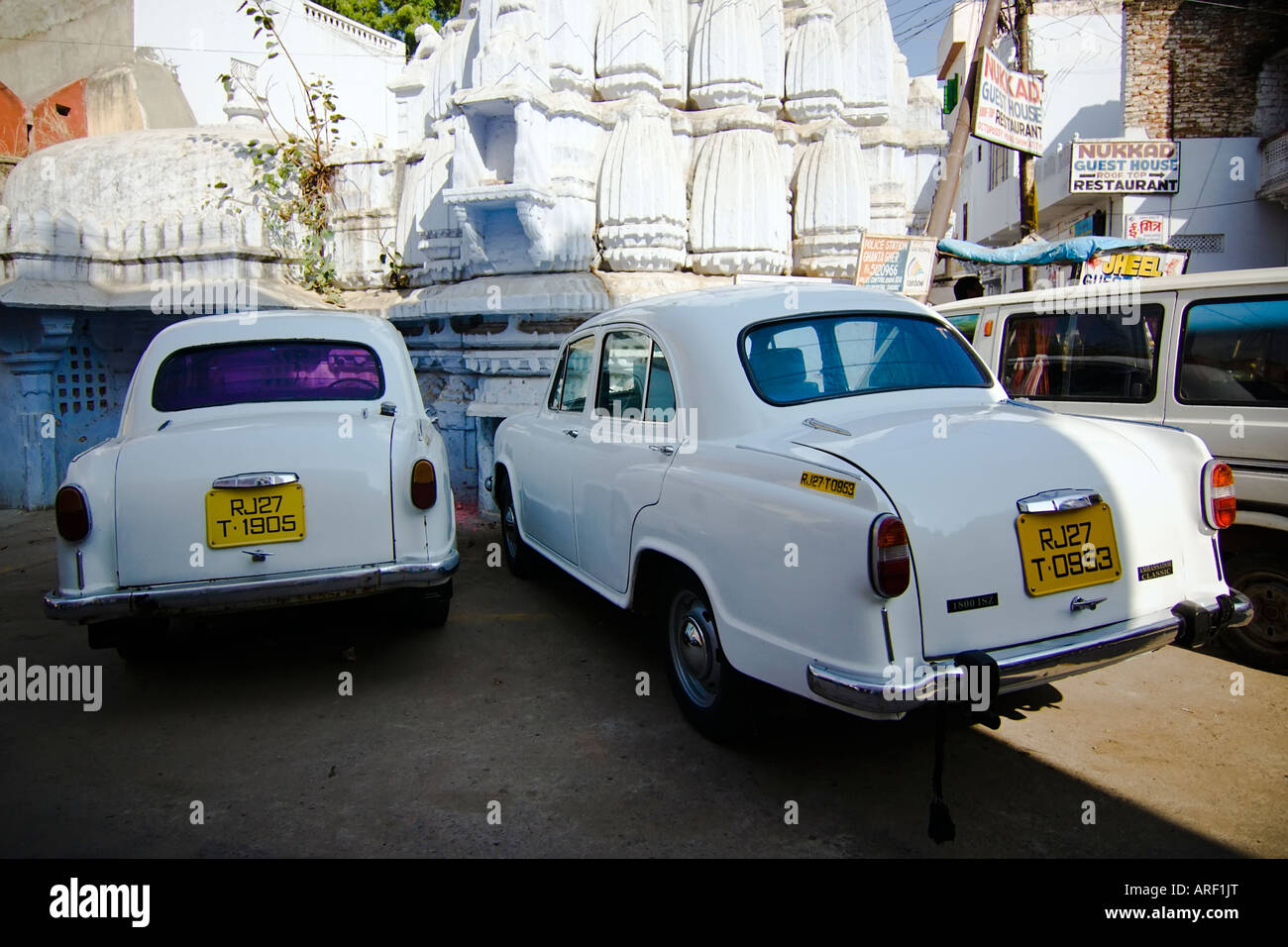 White ambassador cars - Udaipur, Rajasthan, India Stock Photo