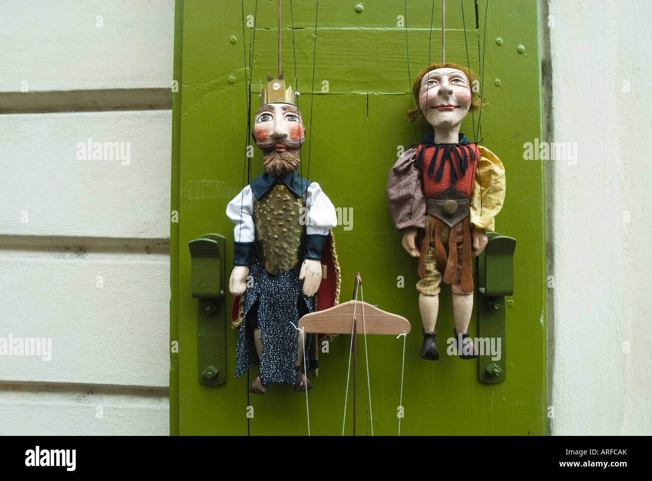 Puppets for sale outside a puppet shop in Prague, Czech Republic Stock Photo