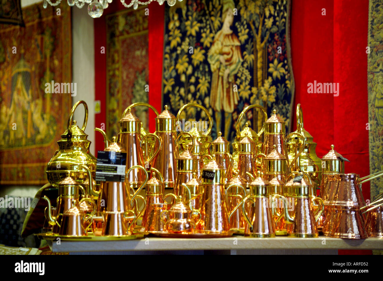 Copper pots on display Stock Photo Alamy