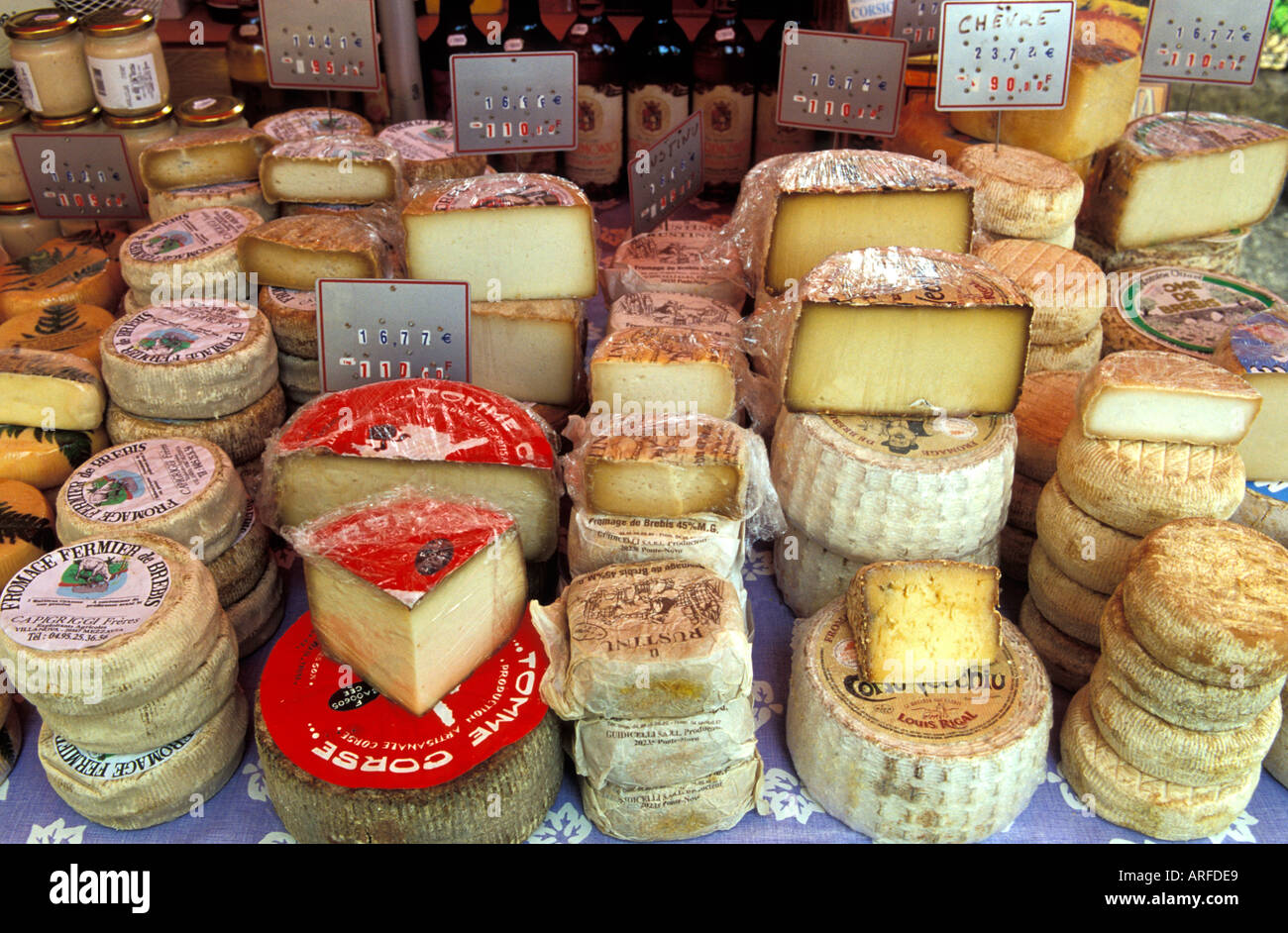 France, Corsica, Cheese on a market in Ajaccio Stock Photo