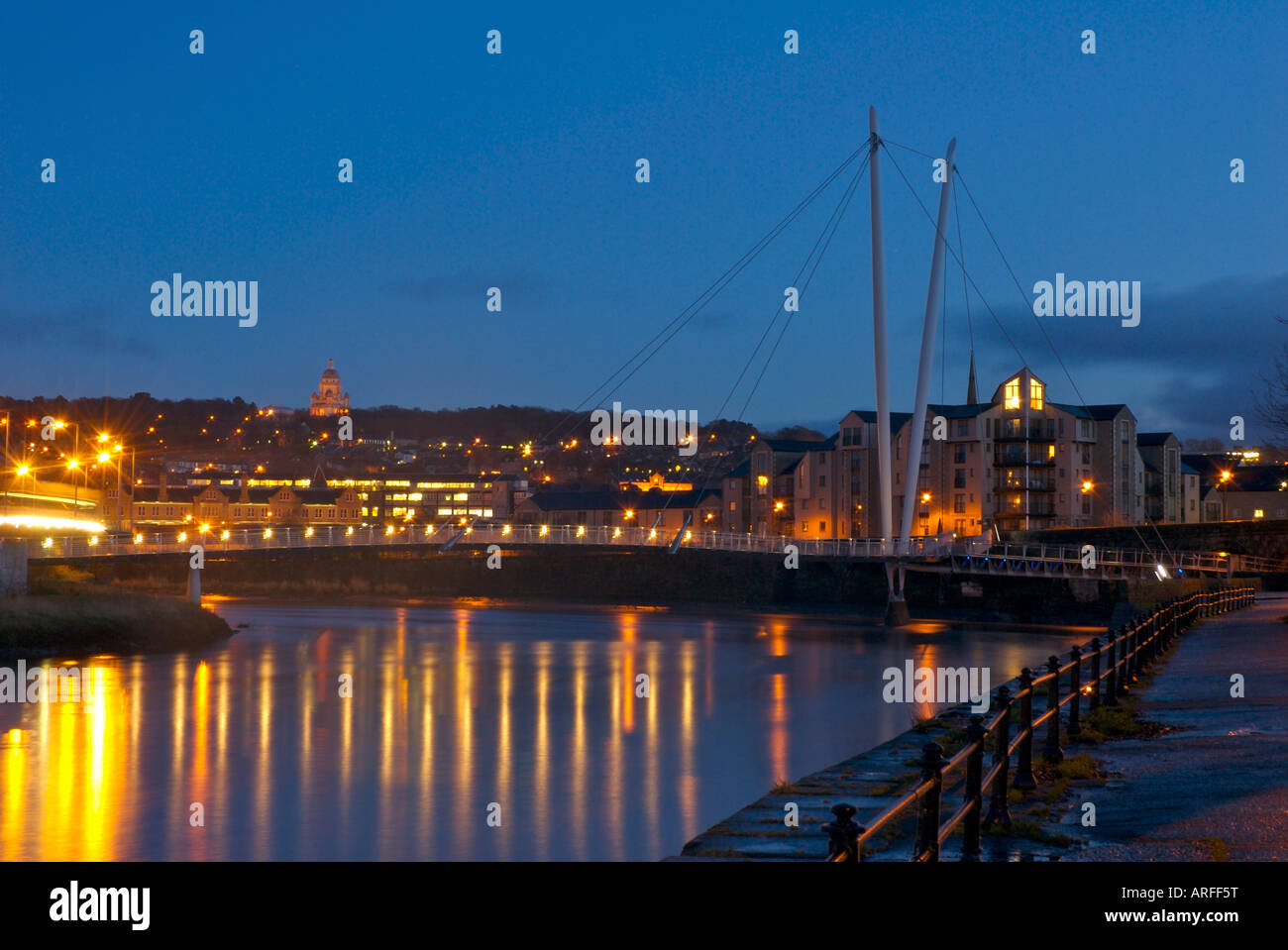 River Lune and Lancaster by night, Lancashire, UK Stock Photo