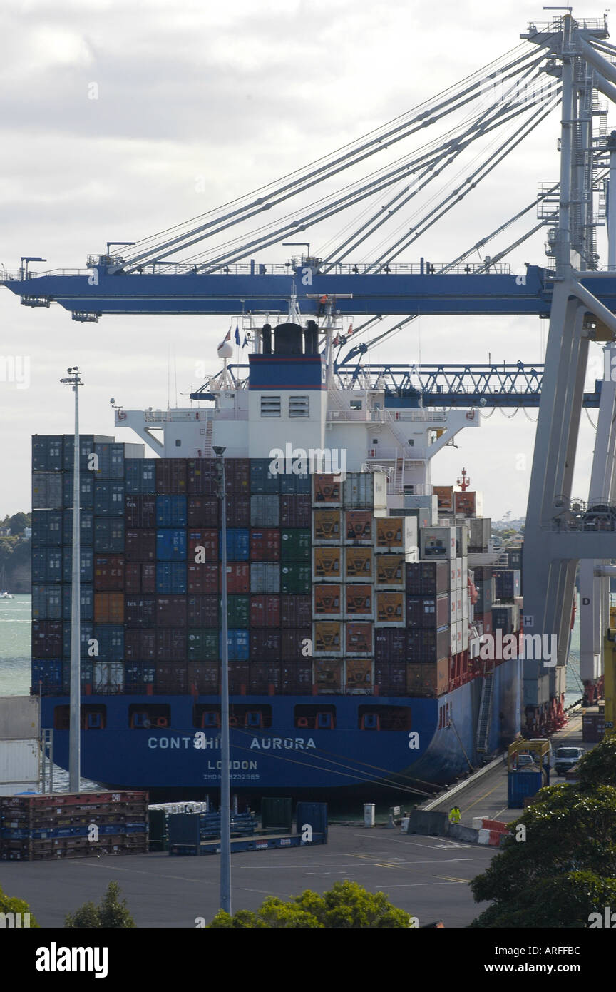 A Container ship is loaded Unloaded at the ports of Auckland container terminal Stock Photo