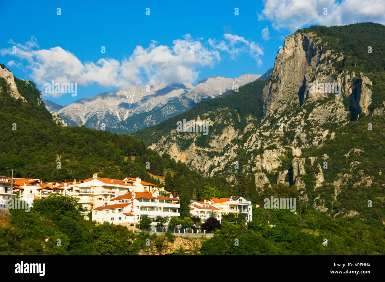 Mount Olympus and the village of Litohor Greece Stock Photo