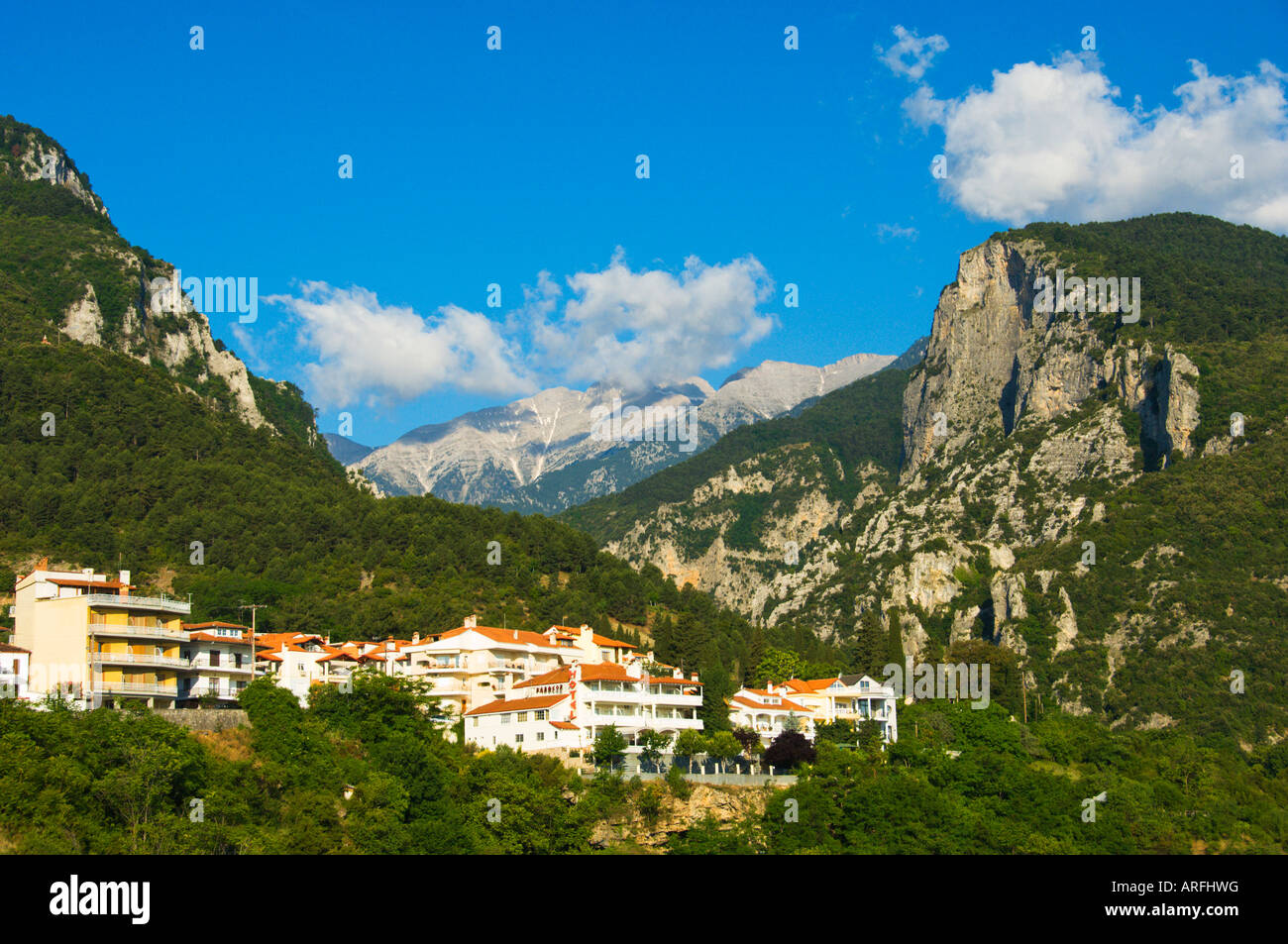 Mount Olympus and the village of Litohoro Greece Stock Photo