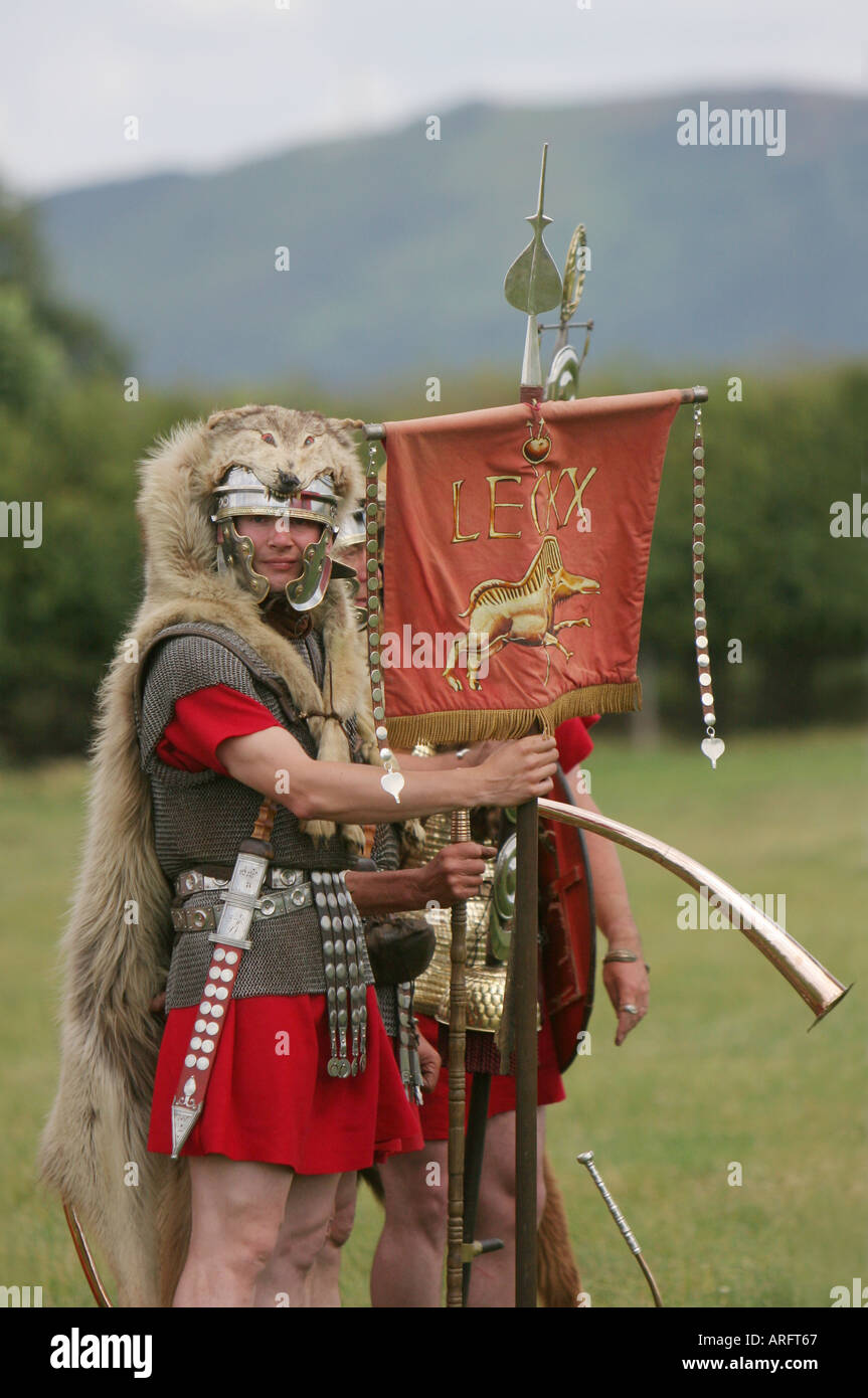 Roman Legionnaire Standard Bearer of the 20th Legion (LEGIO XX) Taken at Wroxeter in Shropshire, near Shrewsbury and Telford. Stock Photo