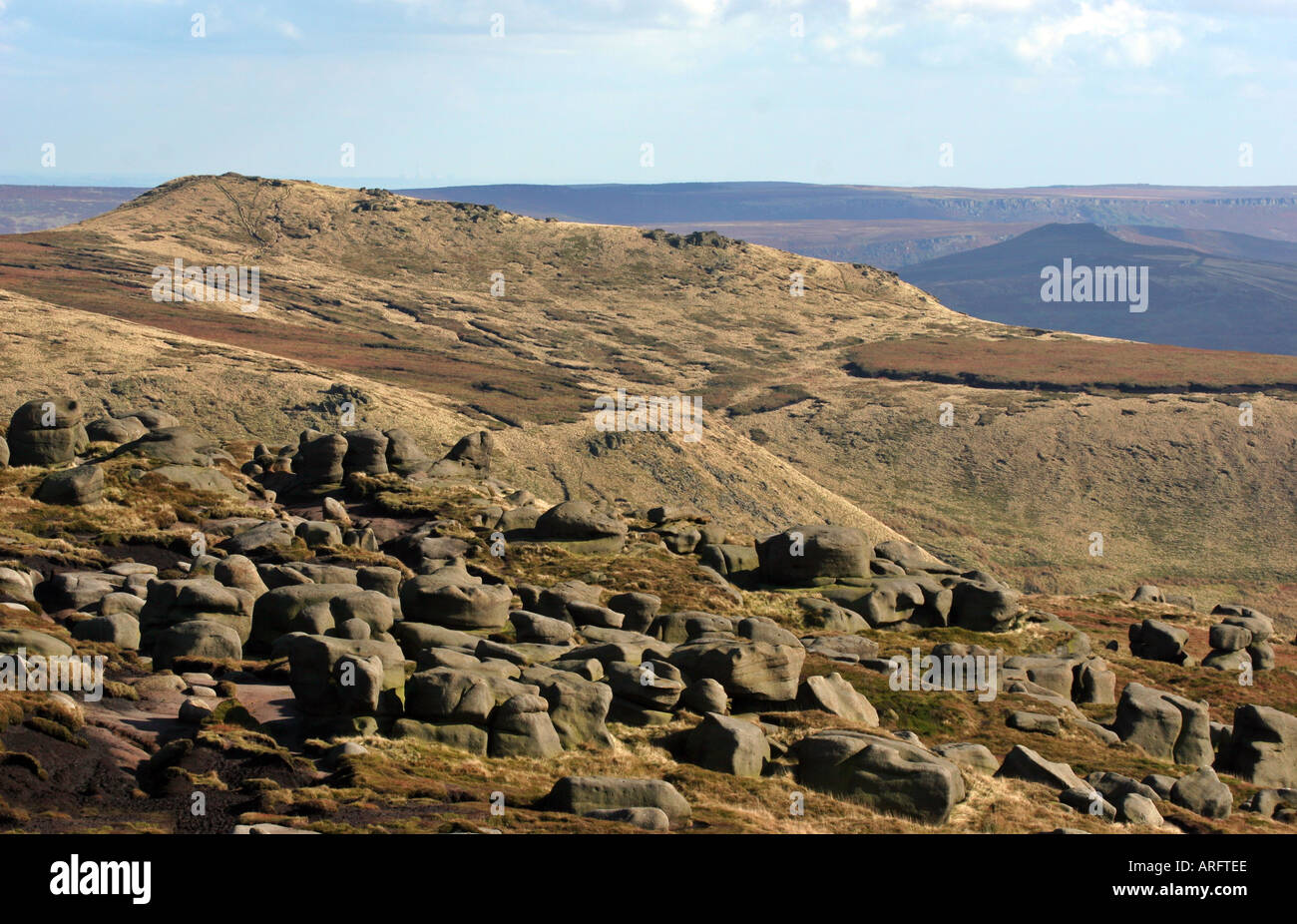 The Woolpacks Grindslow Knoll with Win Hill and the Derwent Moors in the distance Stock Photo