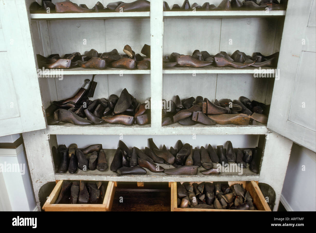 Ambridge Pennsylvania Harmony Society shoe last forms cabinet cobbler shoemaker occupation trade tradesmen Stock Photo