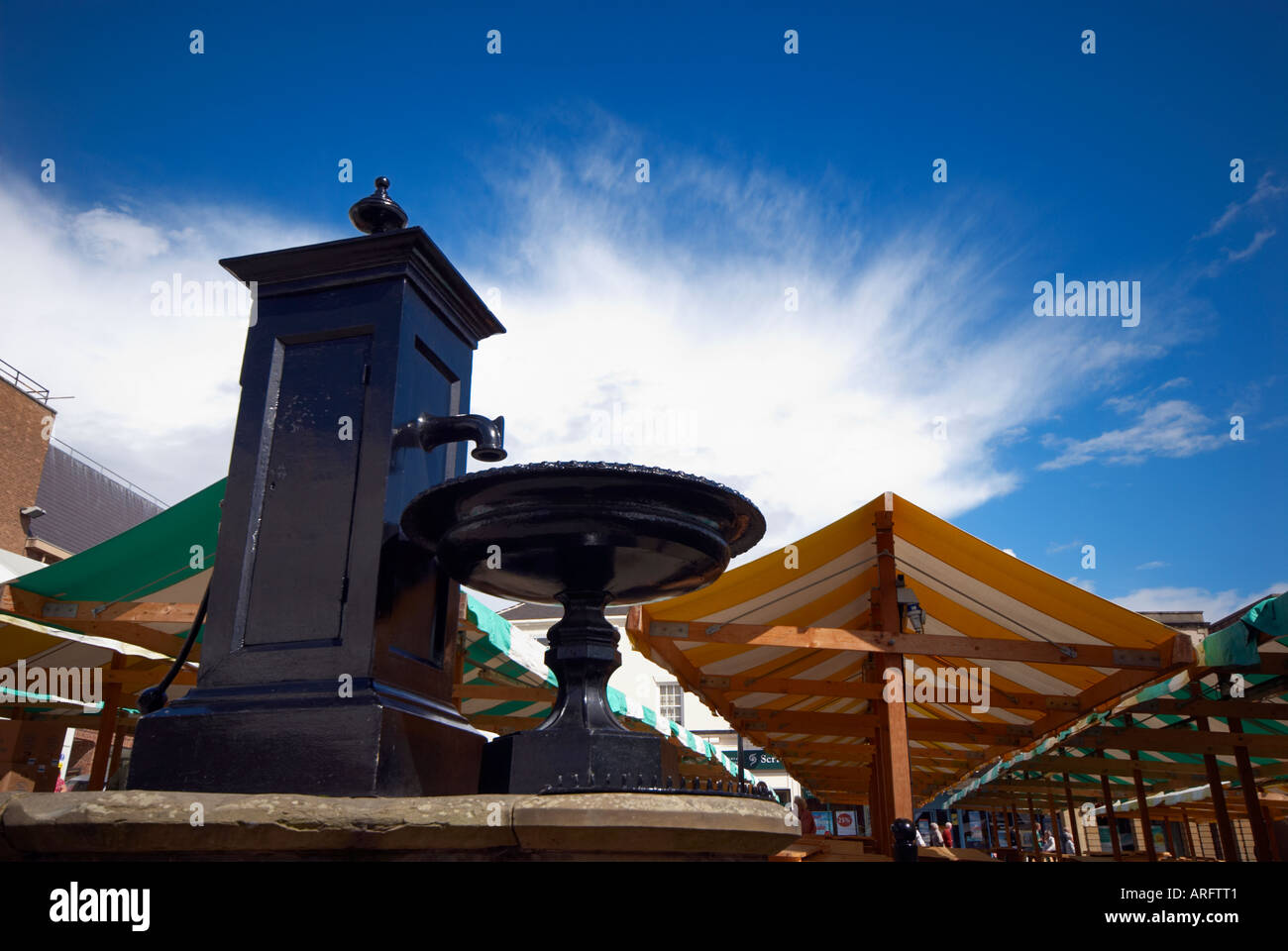 A black painted  water pump a  listed  " grade II" in Chesterfield market place  in Derbyshire "Great Britain" Stock Photo