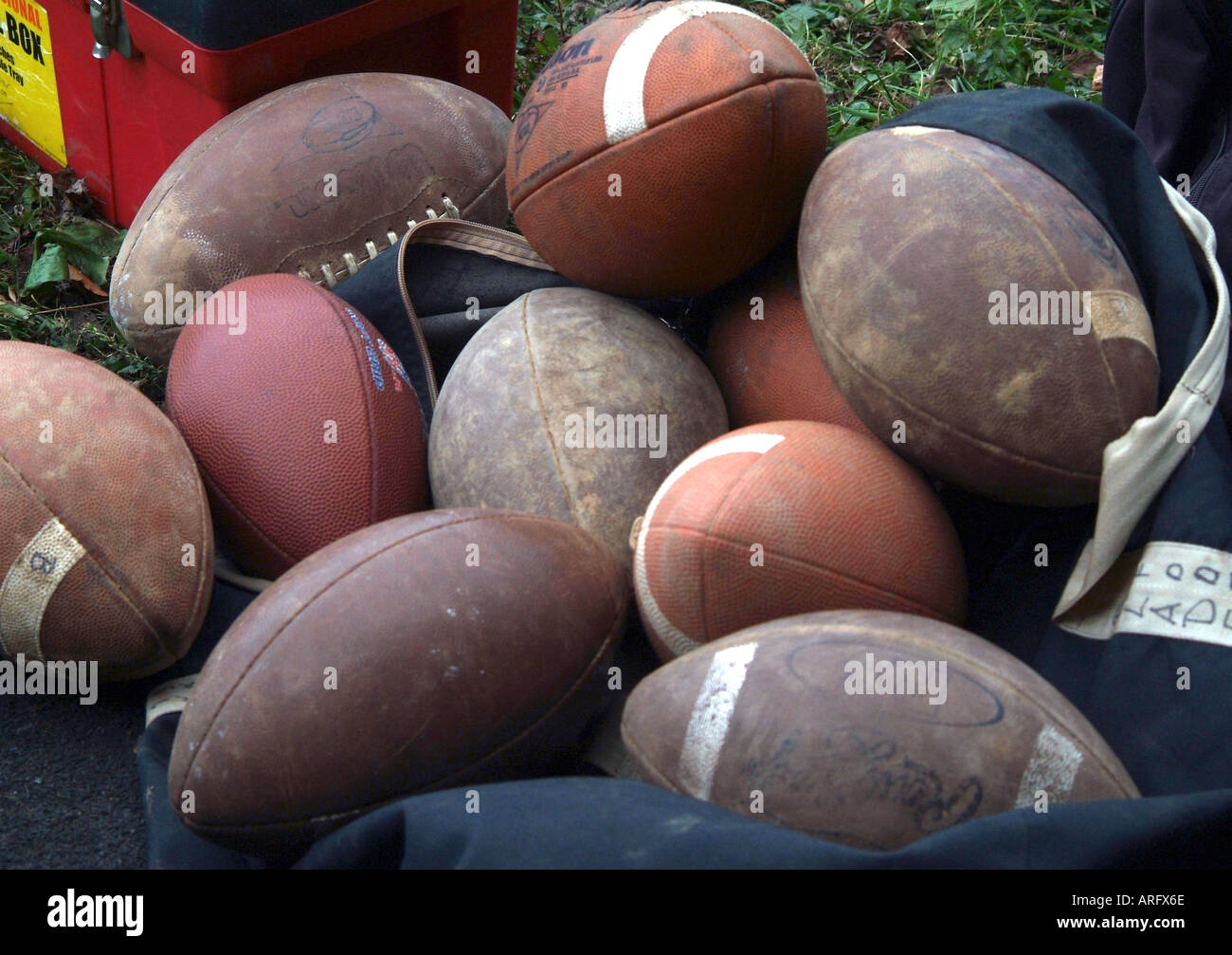 Pile of used footballs Stock Photo Alamy