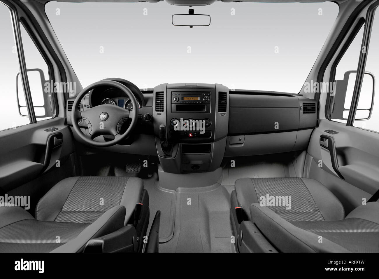 2007 Dodge Sprinter 2500 Cargo in White - Dashboard, center console, gear shifter view Stock Photo