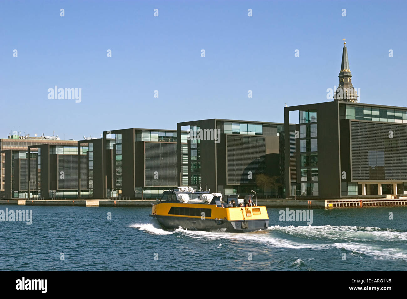 The canal at Christianshavn with a public water bus Stock Photo