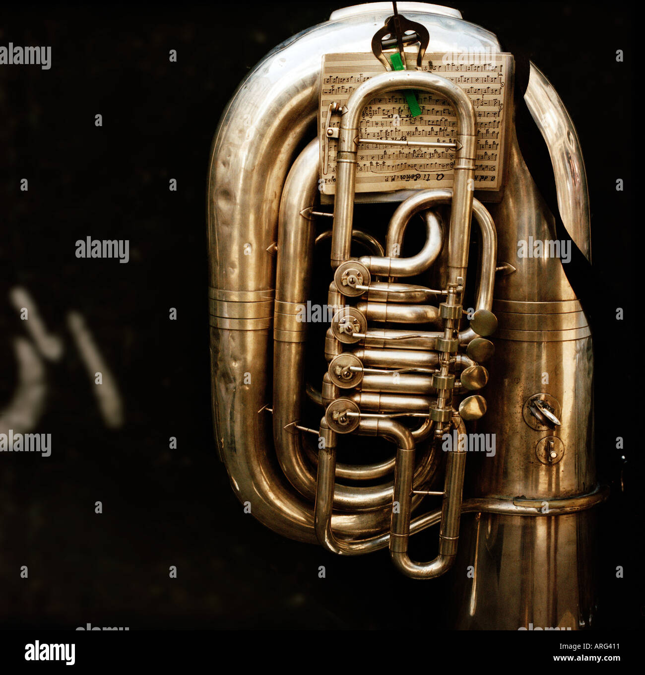 brass tuba with music score Stock Photo