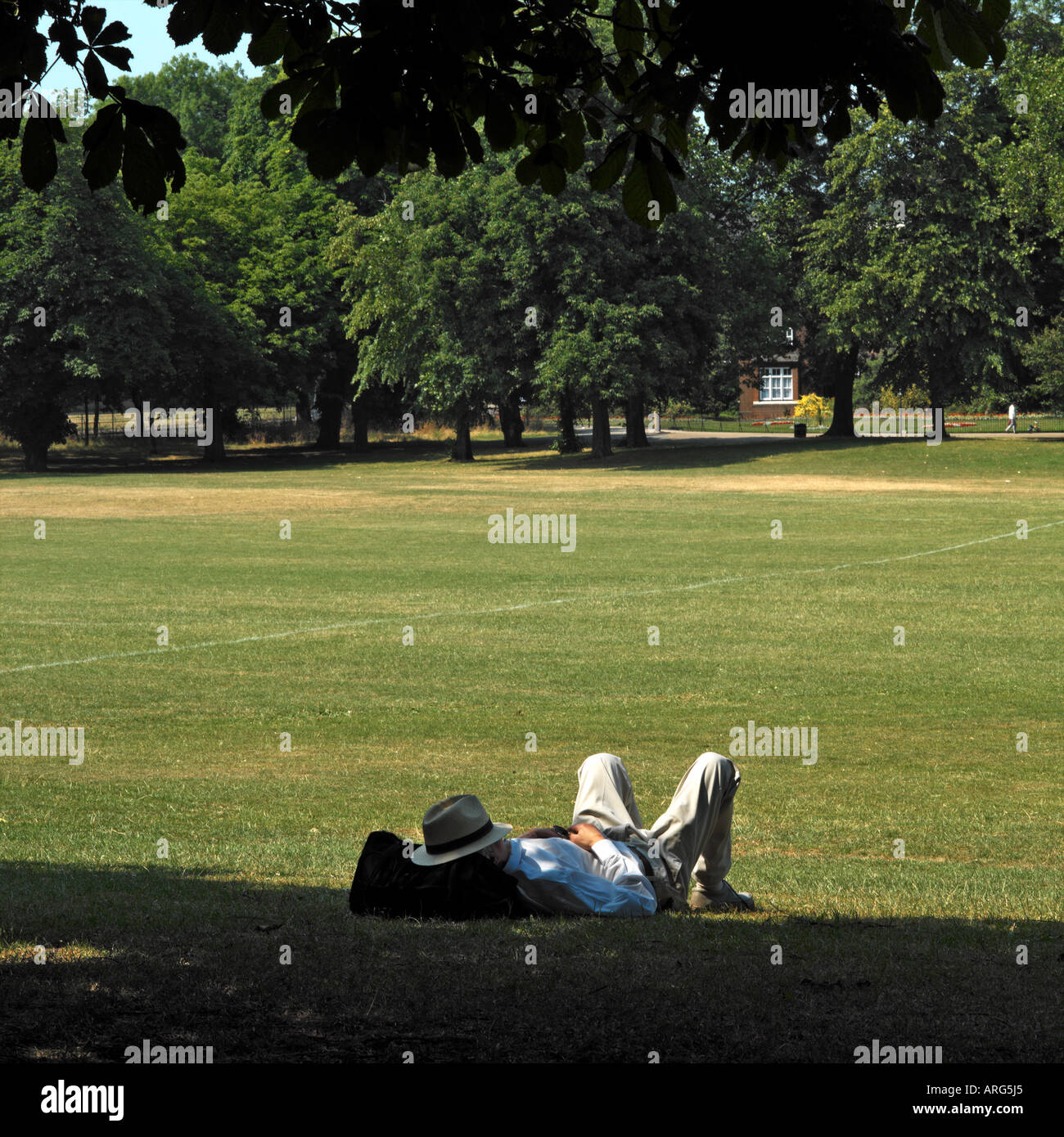 Man sleeping in park shade. No model release required: distance, back shot makes man unrecognizable Stock Photo