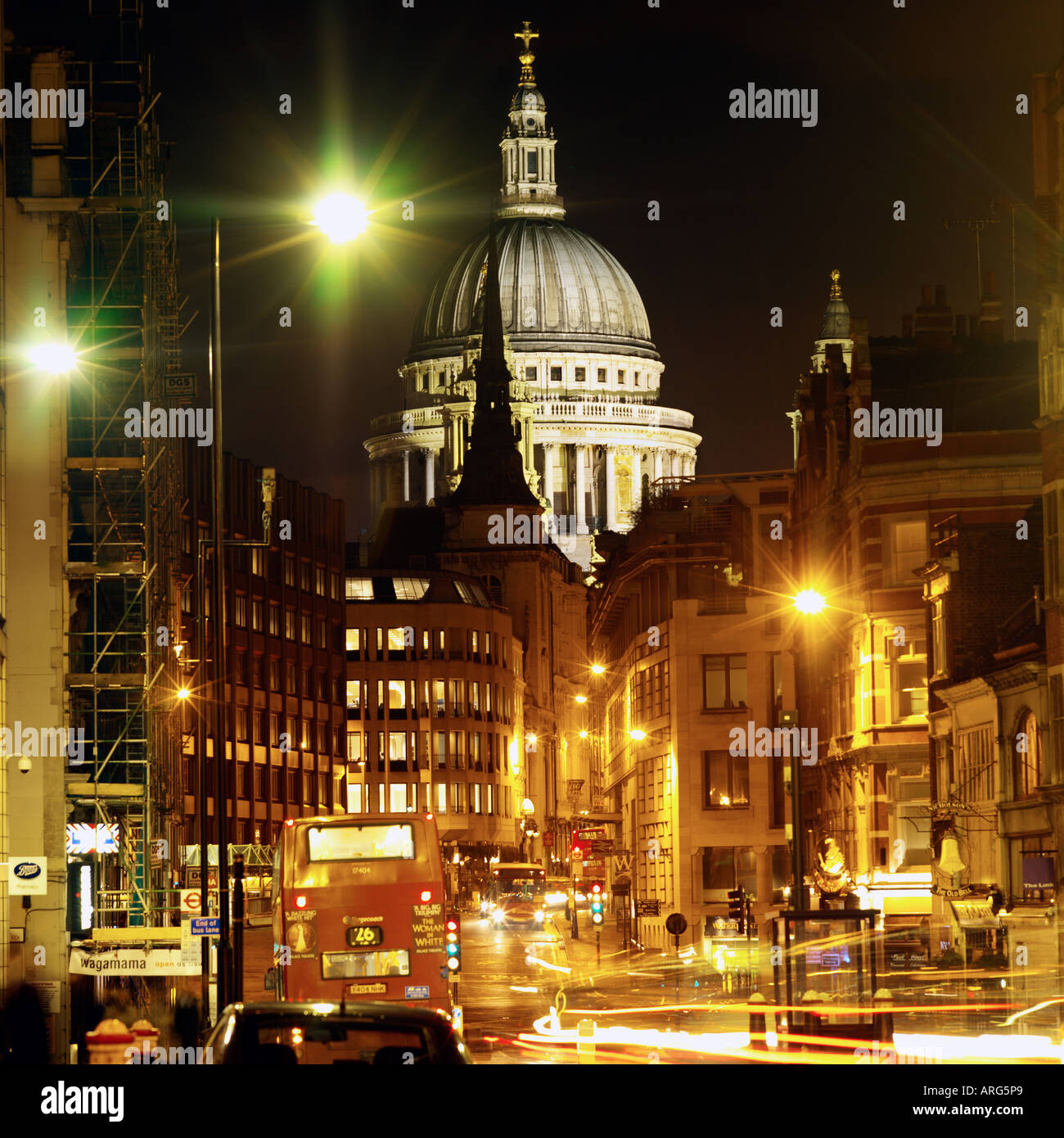 St Paul's Cathedral at  night from Fleet Street London UK Stock Photo