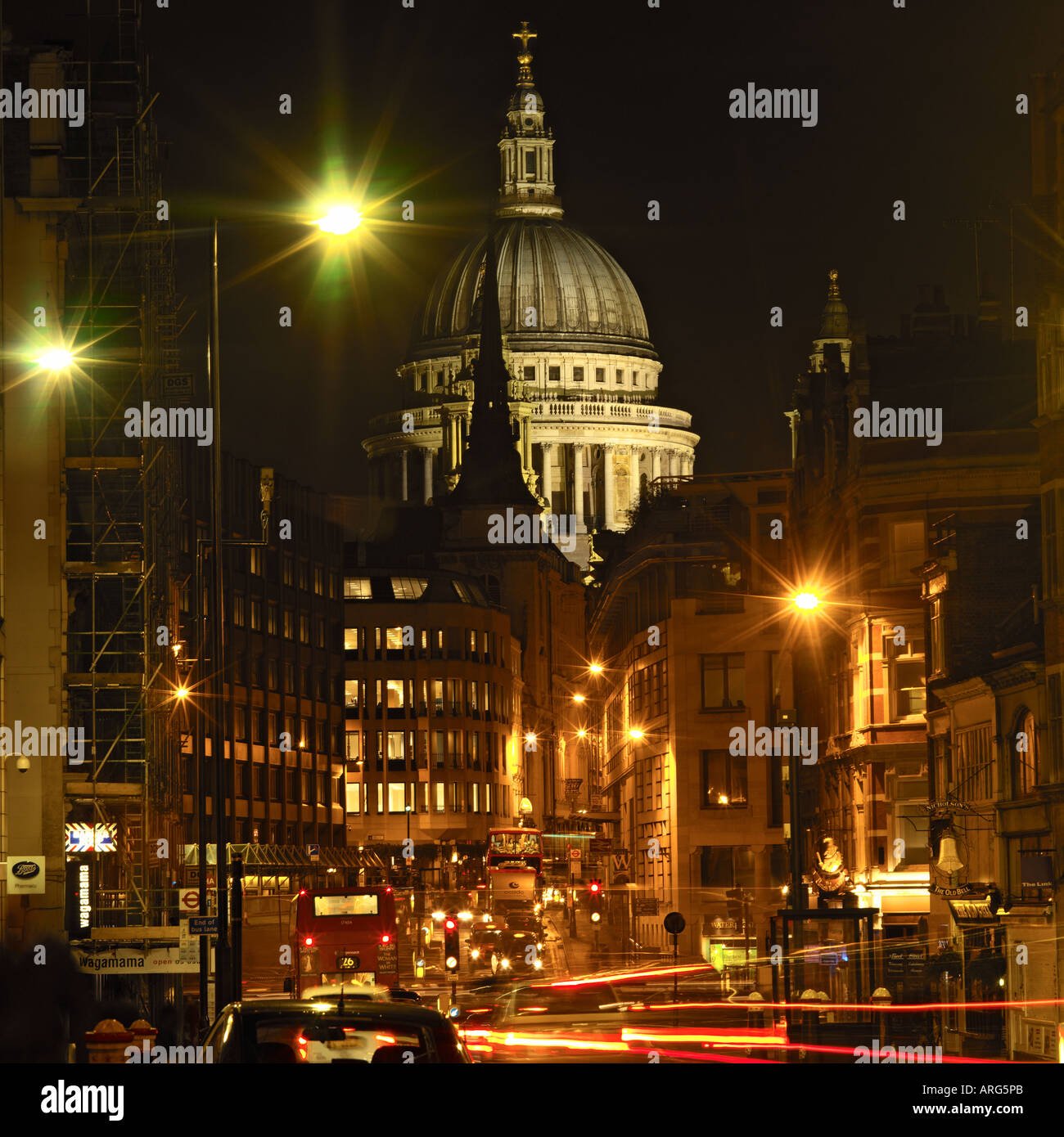 St Paul's Cathedral at  night from Fleet Street London UK Stock Photo