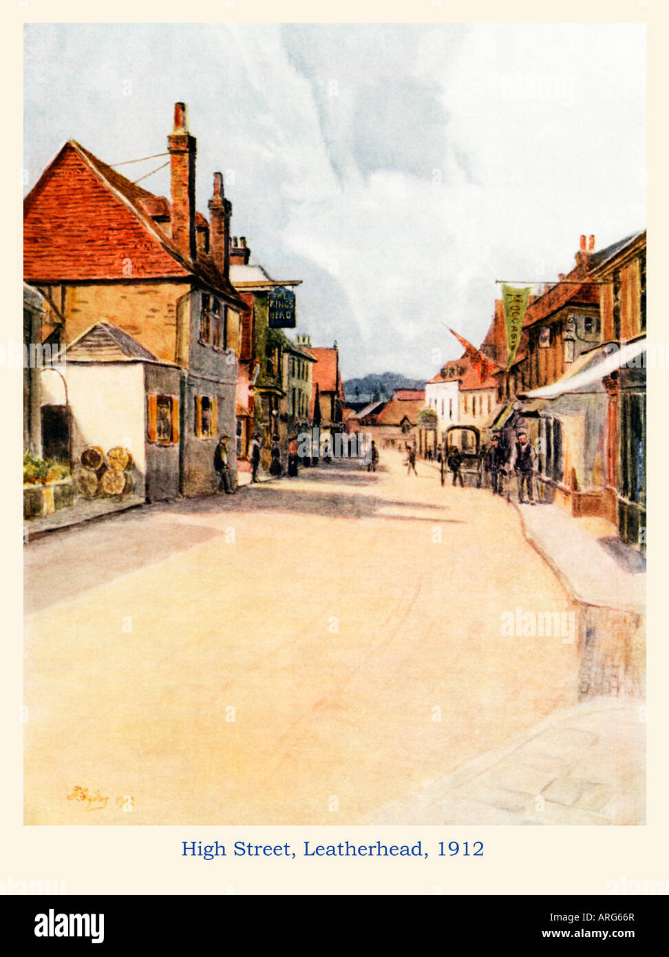 High Street Leatherhead 1912 watercolour of the main road in the Surrey