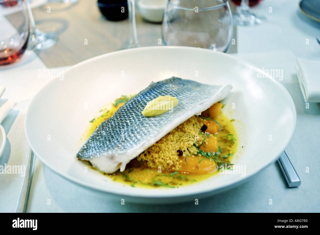 PARIS France Curry Fish Food on a Plate, Dressed Table in Trendy ...