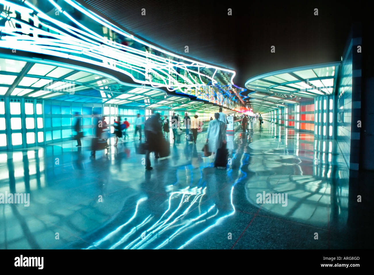Chicago IL, USA, Interior Hallway 'O'Hare International Airport', Light effects with Neon Lighting, Futurist Design Stock Photo