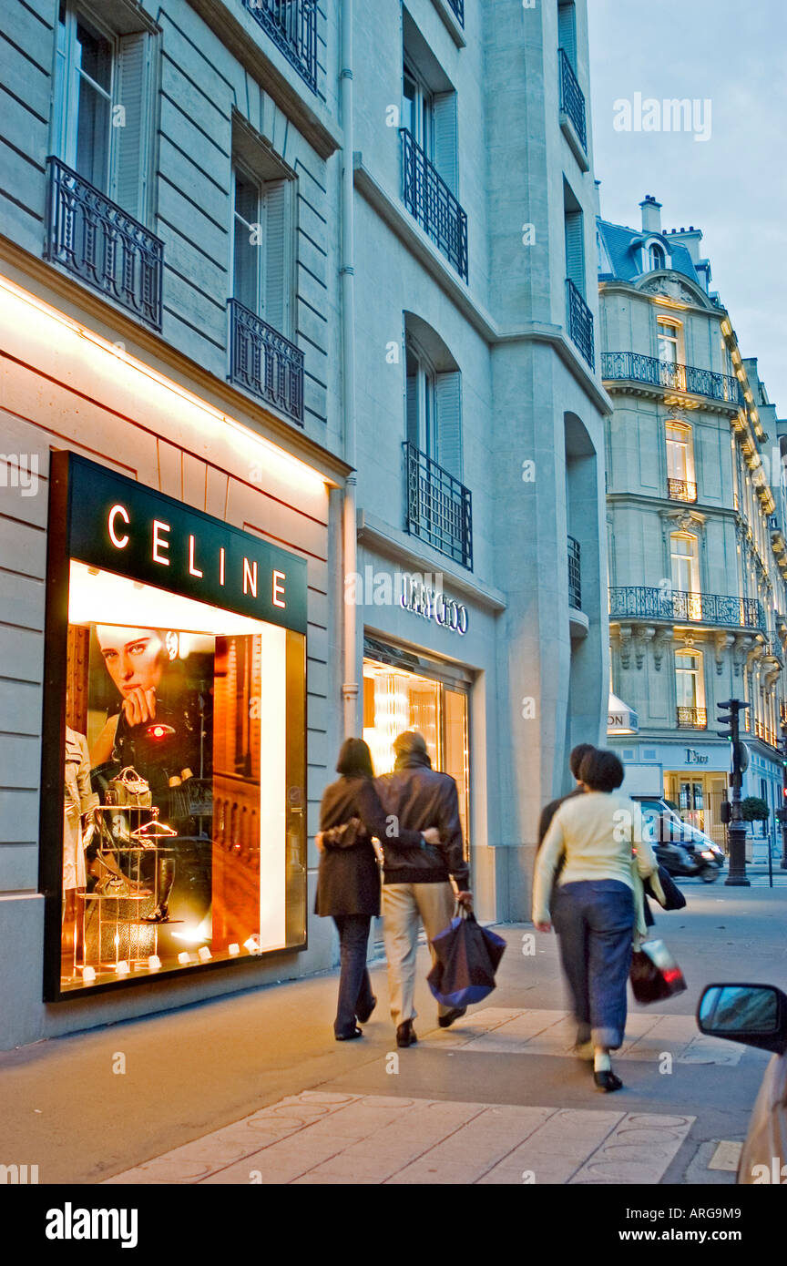 Paris France, Luxury Brands Shops on Avenue Montaigne Street Scene Night  Couple Window shopping, Celine Shop Front Stock Photo - Alamy