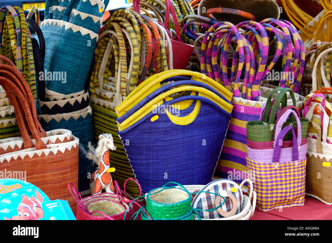 colourful baskets, a market in Collioure, Pyrenees Orientales, France Stock Photo