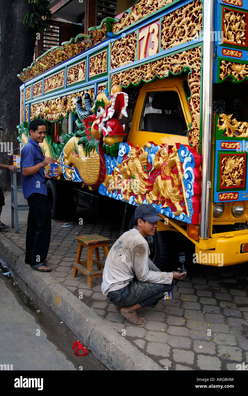 Isuzu 1973 truck being painted for Chinese new year,Phnom Penh,Cambodia Stock Photo