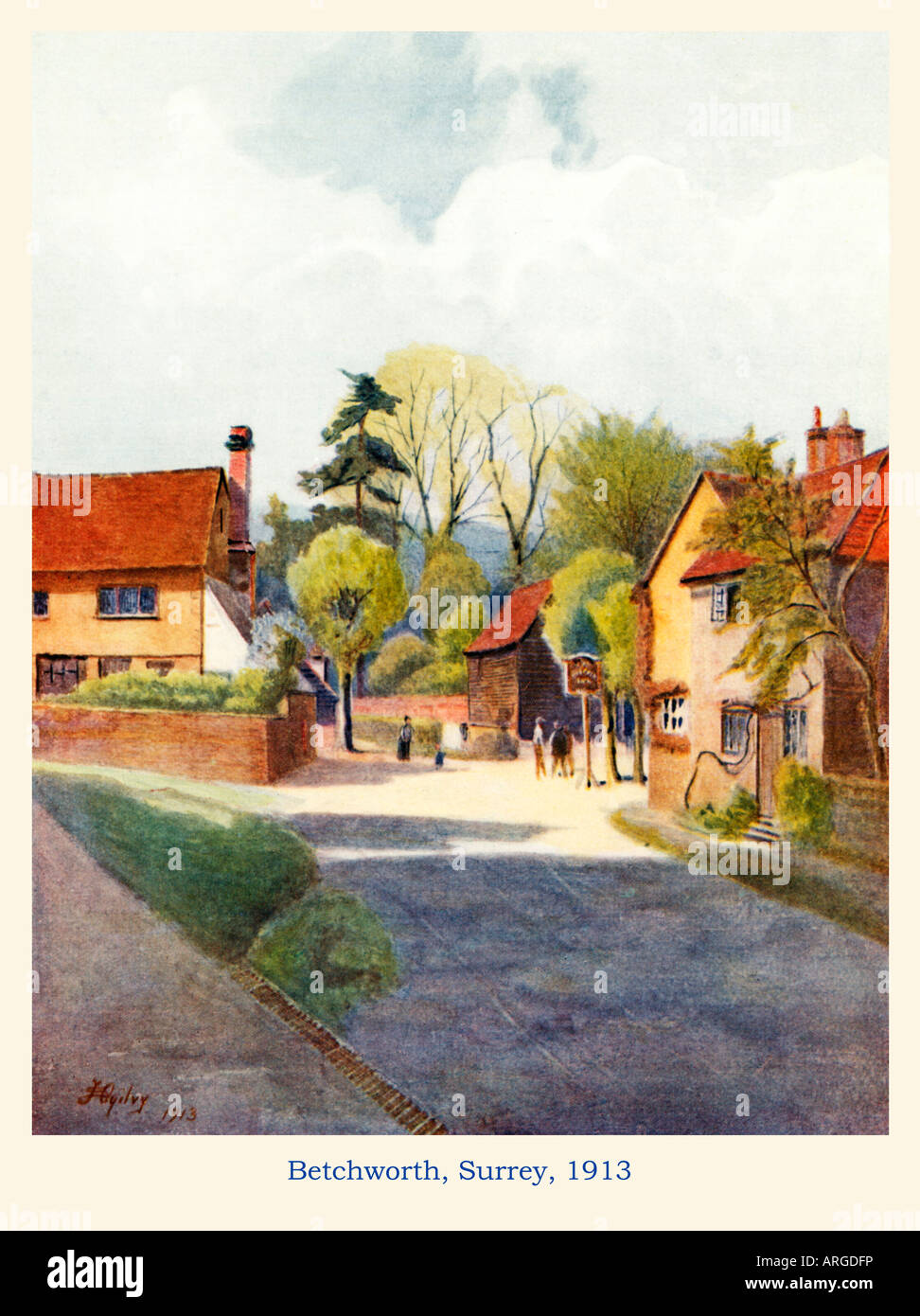 Betchworth Surrey 1913 watercolour of the centre of the village just