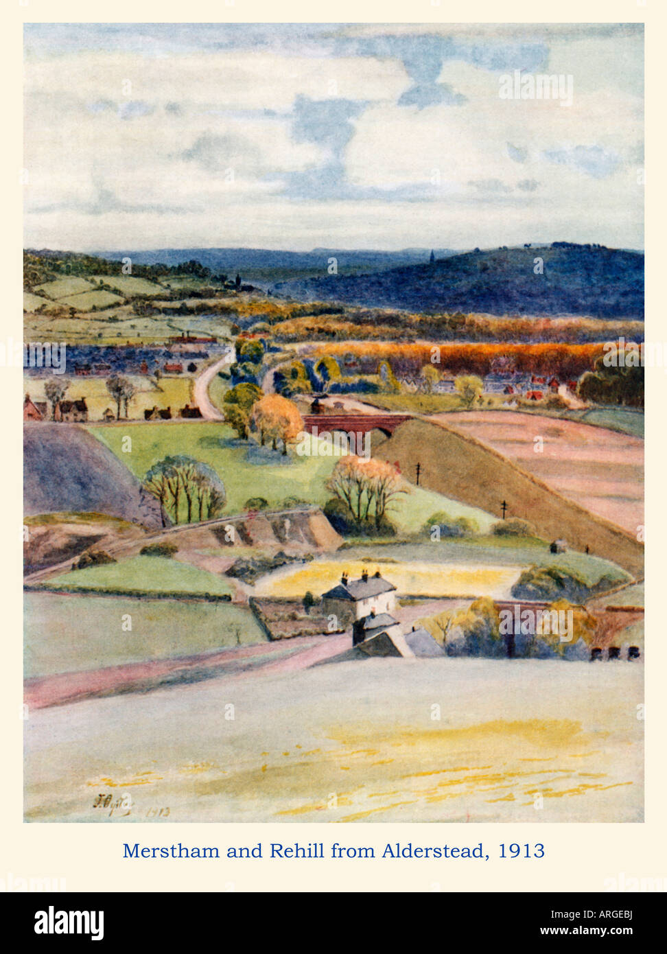 Merstham and Redhill from Alderstead 1913 watercolour of the view across the Surrey countryside Stock Photo