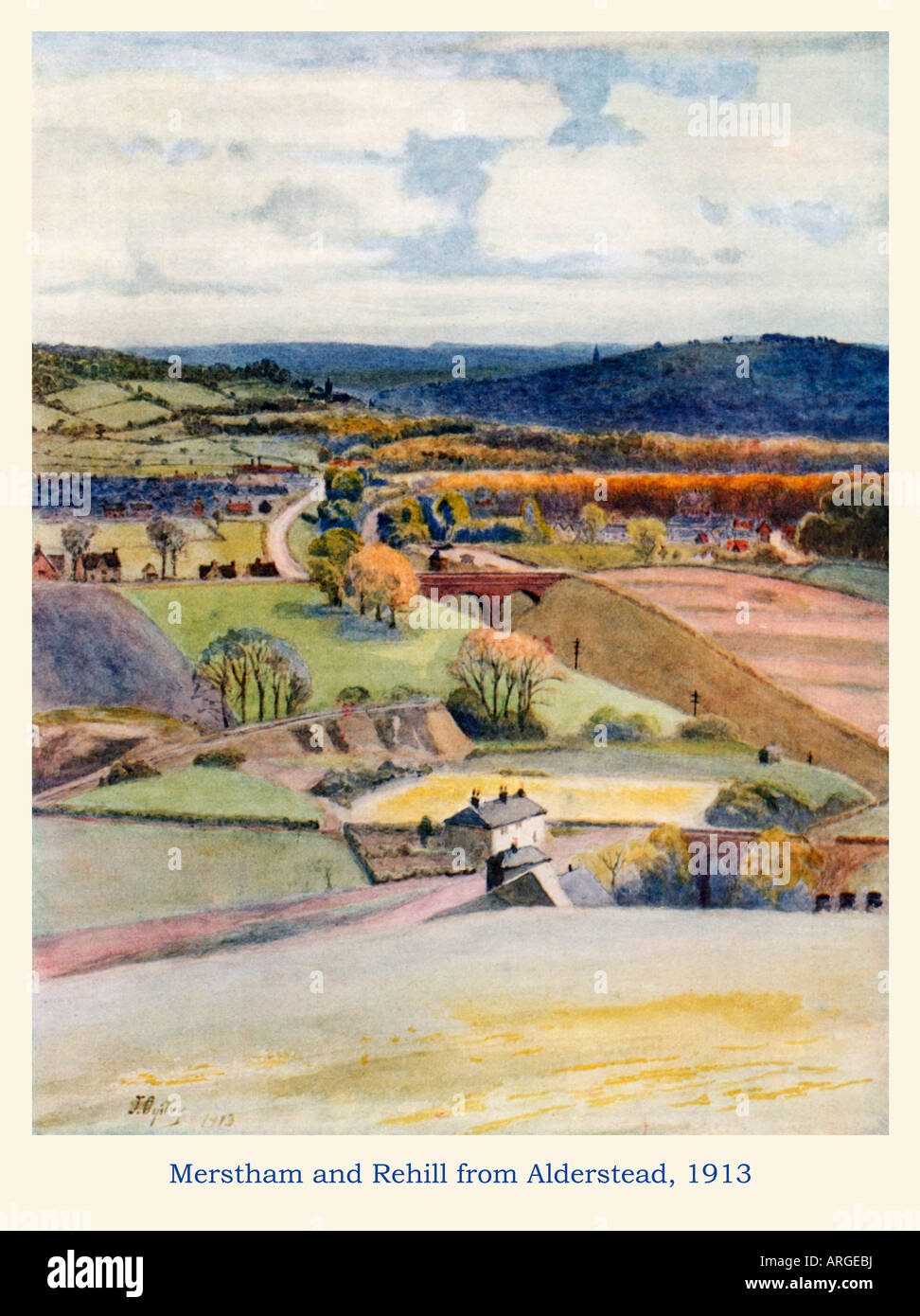 Merstham and Redhill from Alderstead 1913 watercolour of the view