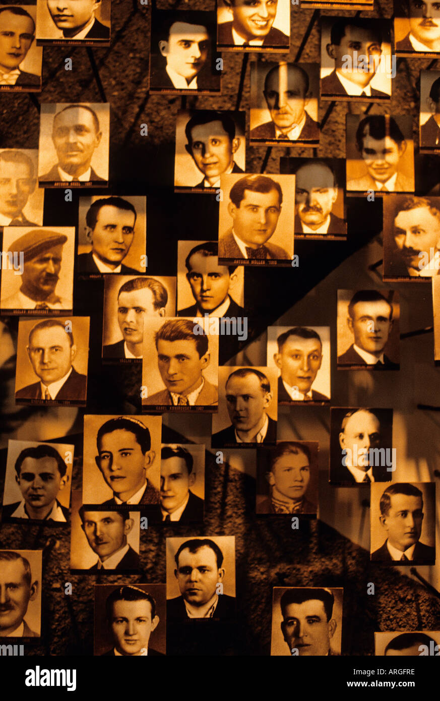 Detail of a collage composed of portraits of those men who died on the site of a horrific massacre in June 1942 in the village of Lidice now a national memorial Stock Photo